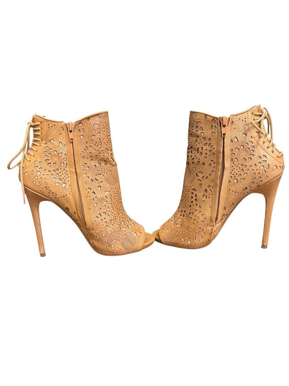 Steve Madden Women’s 8M Korsett Tan Leather Peep Toe Laser Cut Booties 5” Stilet - Picture 8 of 11